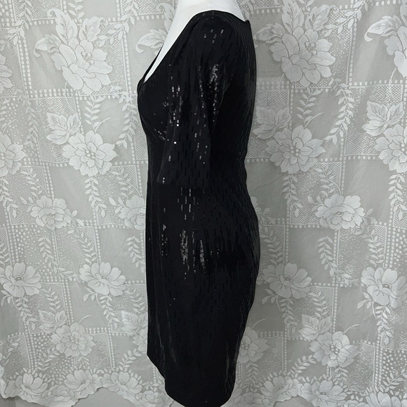 Suzi Chin Black Sequin Jersey Pleated Scoop Neck Party Cocktail Dress - Picture 5 of 10
